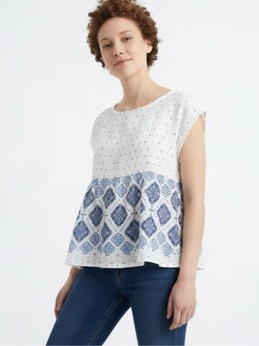 Women's White and Blue Printed Peplum Tunic Top